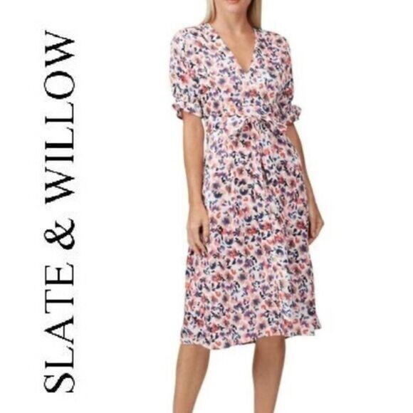 Slate & Willow Abstract Floral Puff Sleeve Midi Dress Size Small - Picture 1 of 10